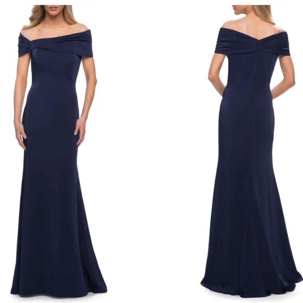 La Femme Navy Blue Fitted Off Shoulder Evening Dress Size 6